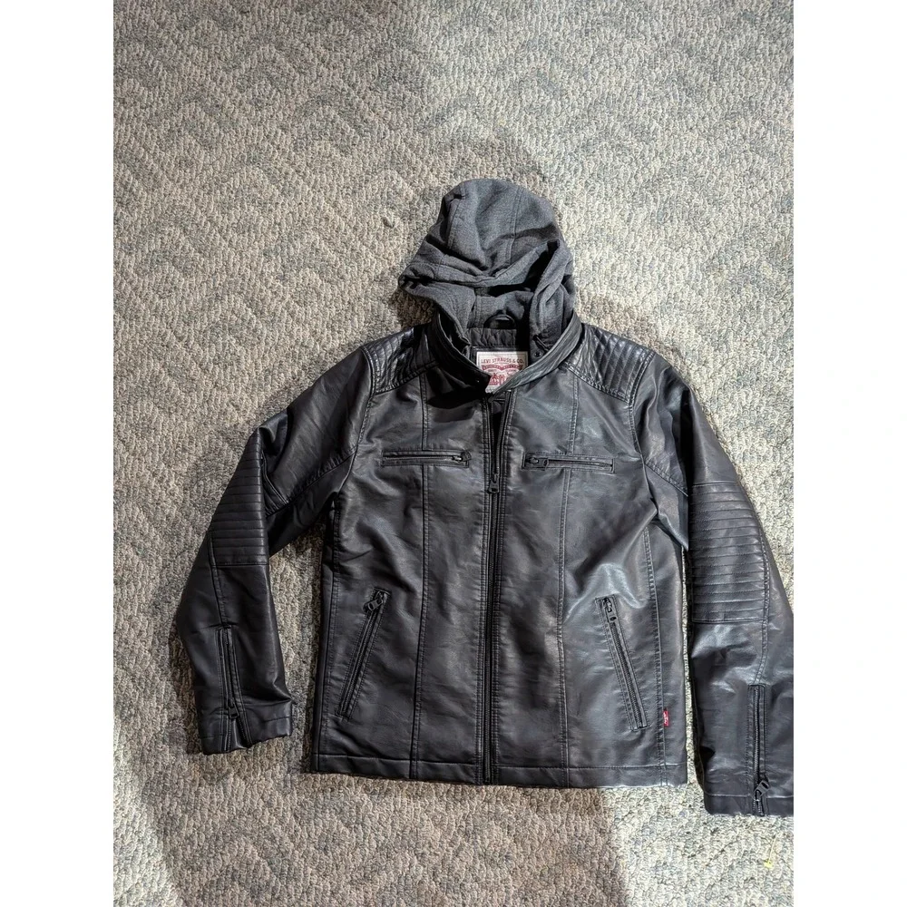 Levis Mens Faux Leather Moto Jacket with Hood Black Size S RN 54163